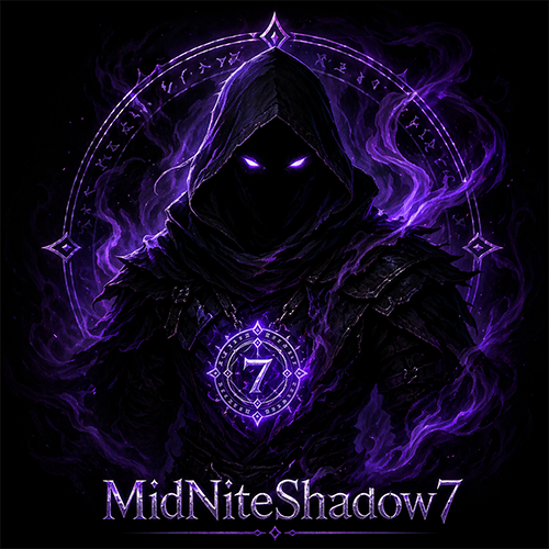MidNiteShadow7 — hooded figure with glowing purple eyes