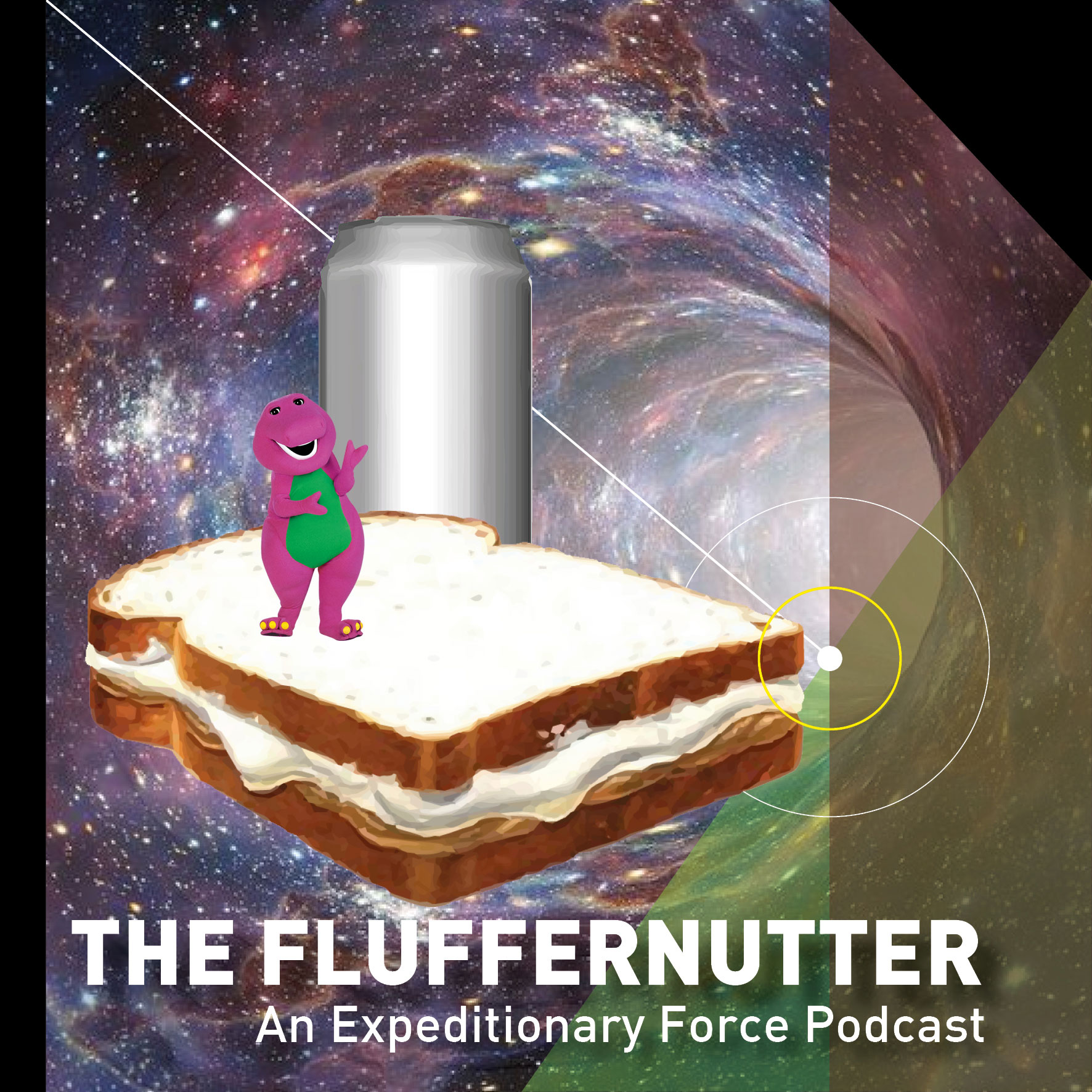 The Fluffernutter logo, featuring a stylized depiction of Skippy the Magnificent and Barney on a Fluffernutter sandwich with a cosmic wormhole background.